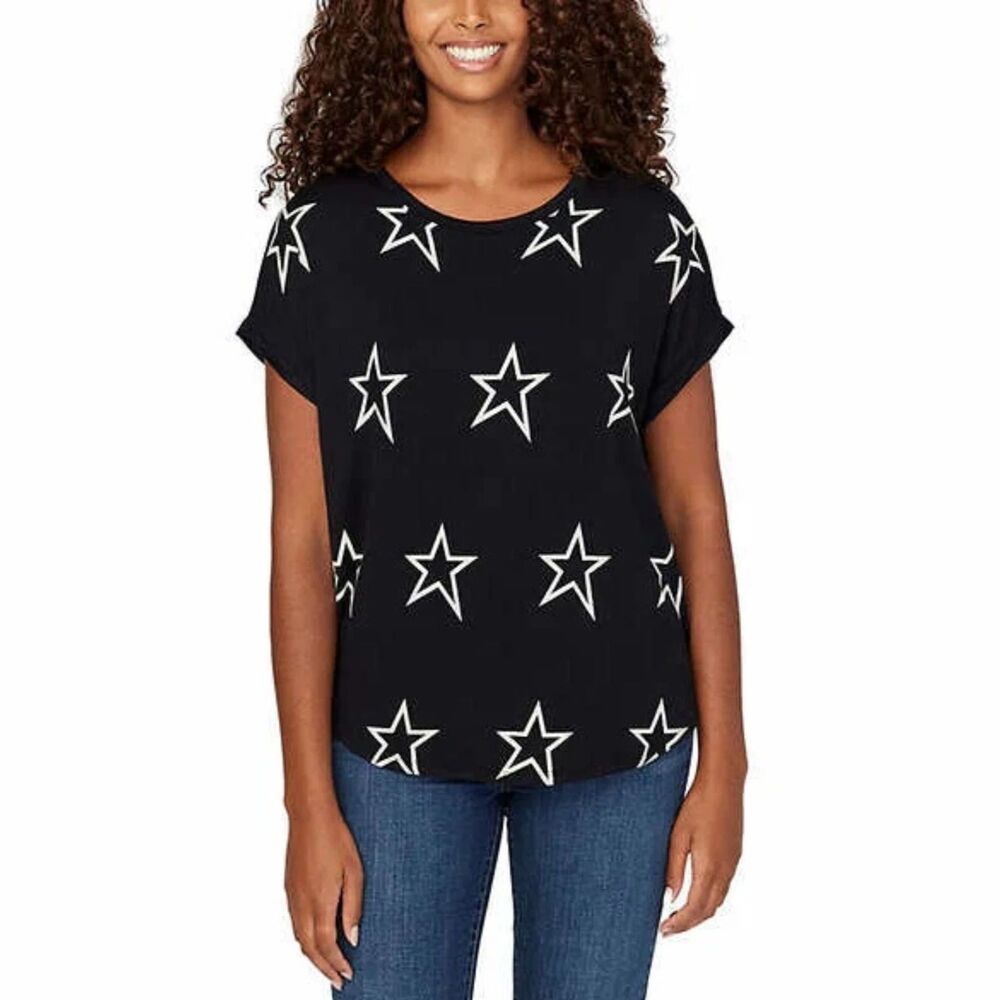 Buffalo David Bitton Women Size S Black Star Print Cuffed Short Sleeve Top Shirt